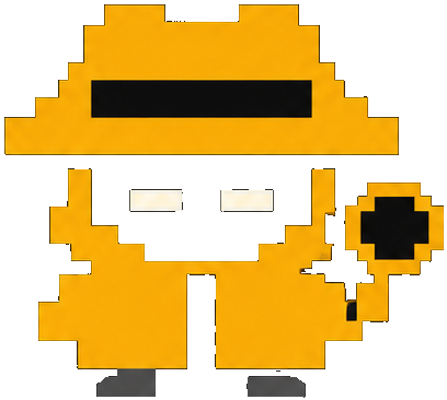 ALIBI, a pixel-art detective in an amber hat and trench coat holding a magnifying glass